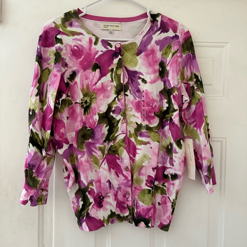 NWT Jones New York Pink and Green Floral Cardigan XL